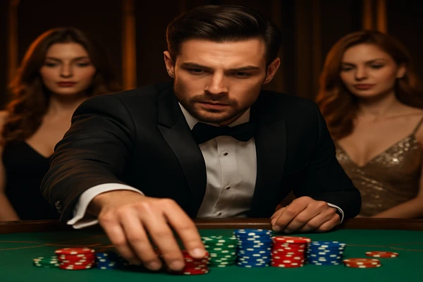 একজন নারী একটি ল্যাপটপে অনলাইন গেম উপভোগ করছেন, চারপাশে জ্বলন্ত ক্যাসিনোর আলো ছড়িয়ে পড়েছে