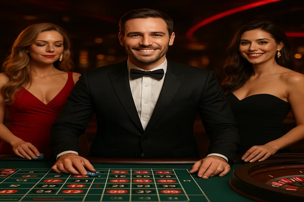 একজন পুরুষ অনলাইন গেমে জয়লাভের আনন্দ উদযাপন করছেন, চারপাশে খেলার প্রতীকগুলো ভাসছে