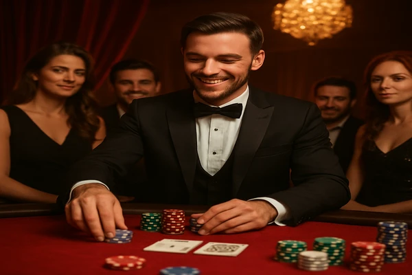 আলোকোজ্জ্বল গেমিং পরিবেশে একজন আত্মবিশ্বাসী ডিলার ব্যবহারকারীদের tk11 অ্যাকাউন্টে নিরাপদভাবে প্রবেশের জন্য আহ্বান জানাচ্ছেন।